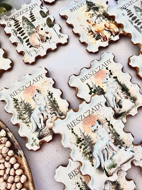 Decorative ceramic ornaments with scalloped edges featuring deer, trees, and Polish text Bieszaczady arranged on a light surface